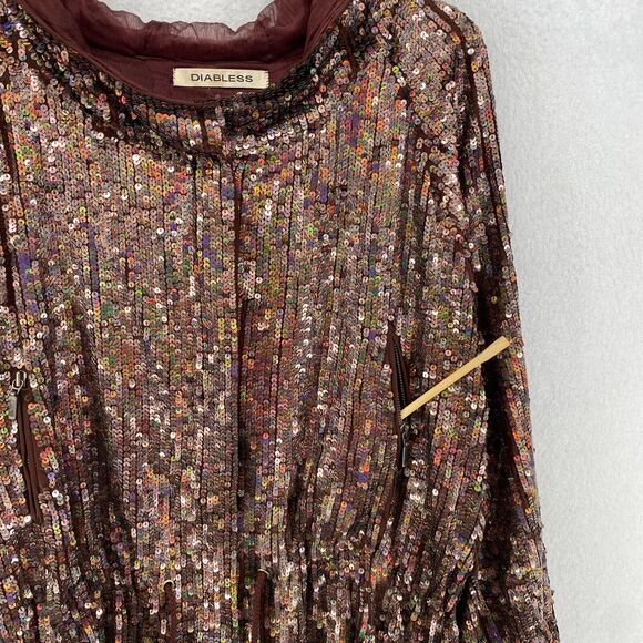 DIABLESS Jacket Womens L Seqiun Embellished Hoodie Coat Full Zip Cinched Brown - Picture 5 of 16